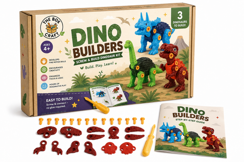 The Box Craft Dino Builders screw and build dinosaur kit shown with its retail box, included accessories, and instruction booklet on a clean white background.