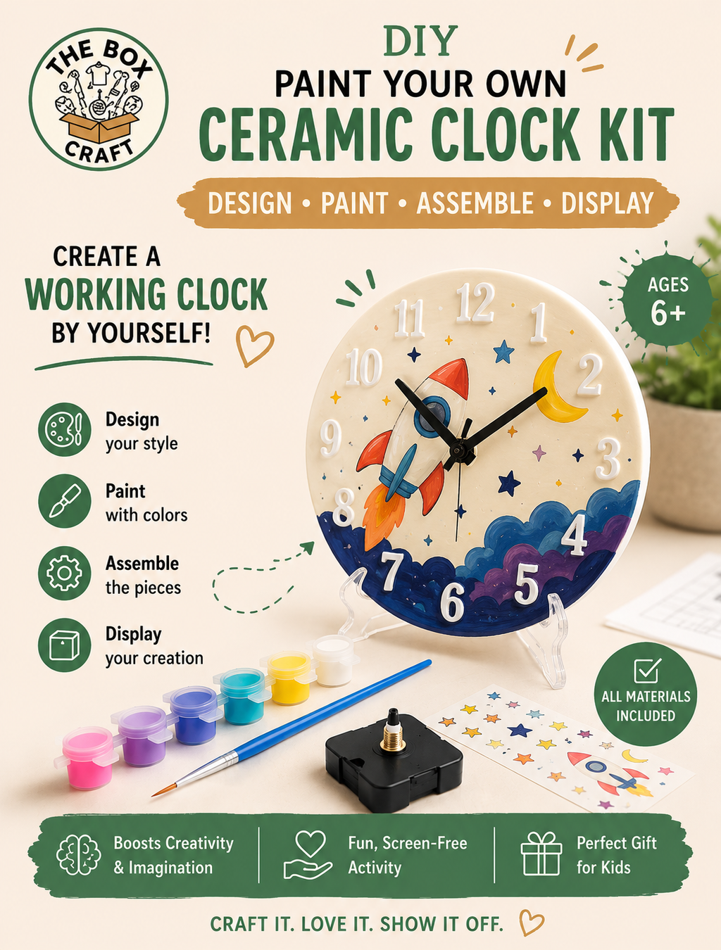 DIY ceramic clock kit promotional graphic showing a decorated clock with a rocket illustration, paint pots, a paintbrush, and assembly parts on a beige background with text reading 'DIY Paint Your Own Ceramic Clock Kit' and 'Ages 6+'.