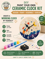 DIY ceramic clock kit promotional graphic showing a decorated clock with a rocket illustration, paint pots, a paintbrush, and assembly parts on a beige background with text reading 'DIY Paint Your Own Ceramic Clock Kit' and 'Ages 6+'.