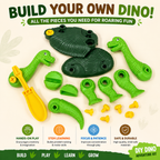 A children's DIY dinosaur building kit with multiple green and yellow plastic dinosaur and skeleton pieces arranged on a light cream background. Large text at the top reads 'BUILD YOUR OWN DINO! ALL THE PIECES YOU NEED FOR ROARING FUN!' and a green banner at the bottom lists benefits like hands-on play, STEM learning, focus and patience, and safe durable materials.
