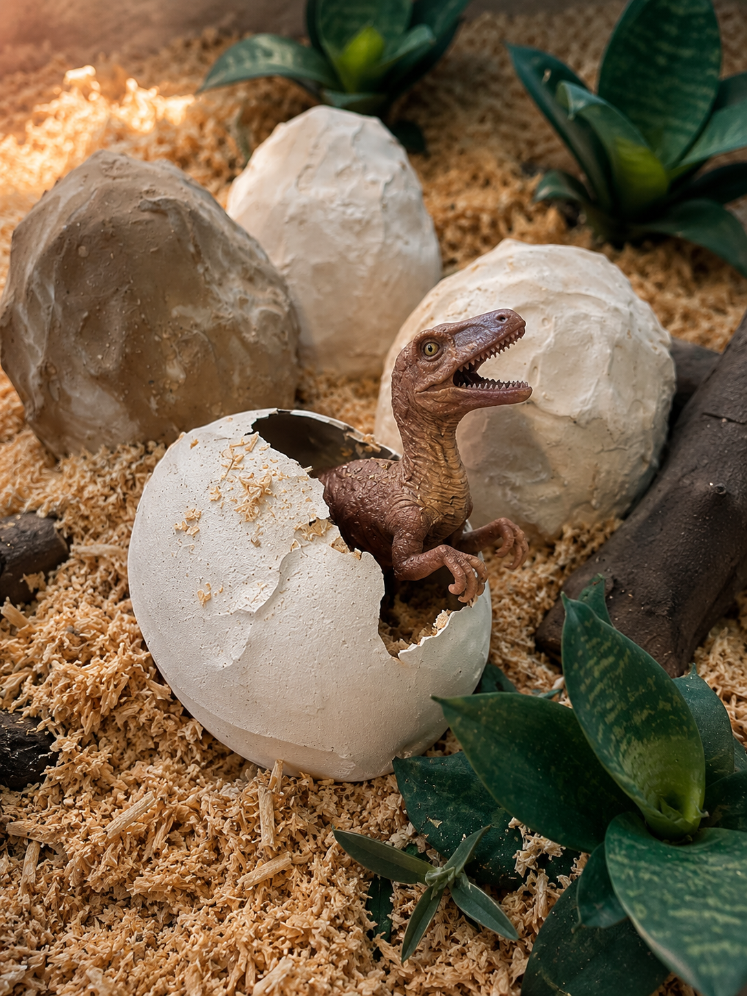 A small brown dinosaur toy emerging from a cracked white egg, staged in a sandy prehistoric-looking scene with other eggs, rocks, faux plants, and wood pieces.