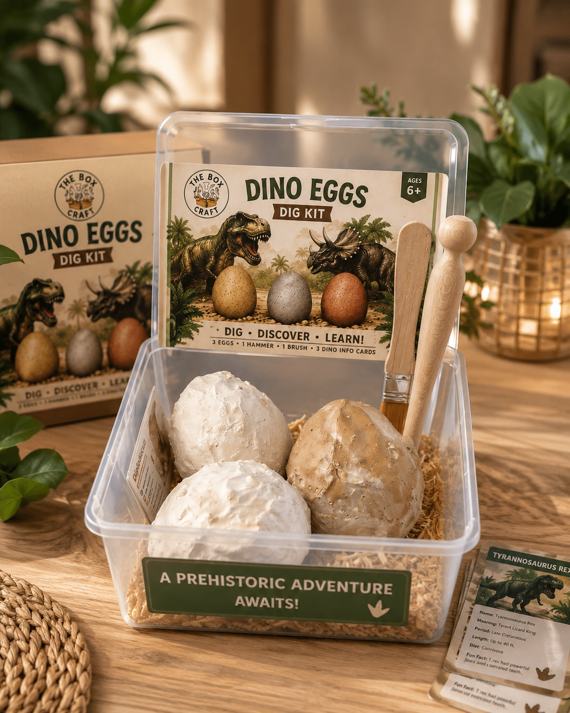 A prehistoric dinosaur egg dig kit by Dino Craft, shown in a clear plastic container with three textured egg-shaped digs, a wooden scoop, and branded packaging on a wooden tabletop with plants in the background.