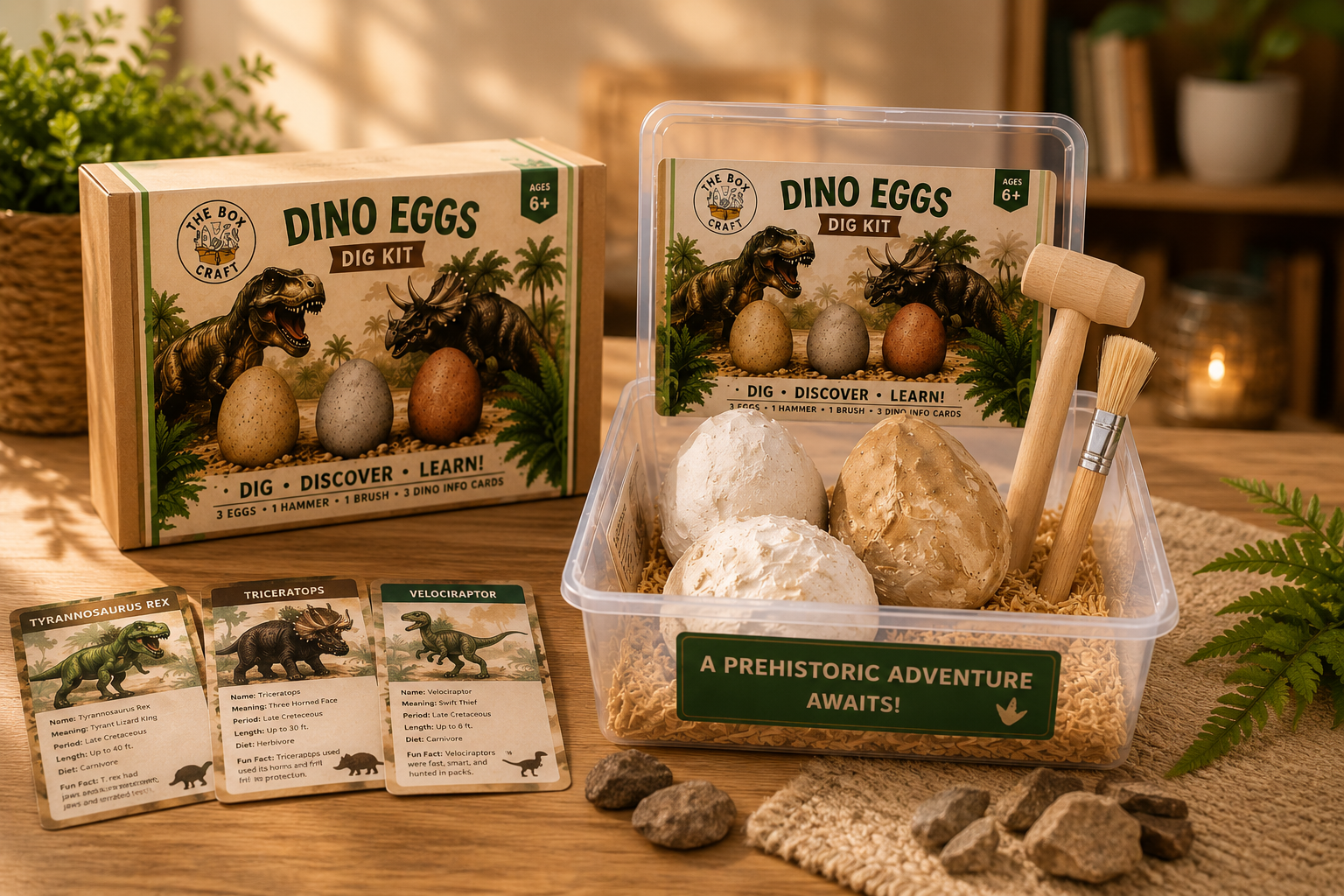Dino Eggs Dig Kit set displayed on a wooden table, including the wooden storage box with labeled lid, a clear plastic container with dinosaur eggs and tools, printed activity cards, and small rocks and plants in a styled indoor setting.