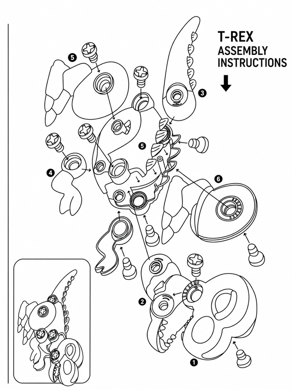 Black and white exploded line drawing showing parts of a T-rex assembly with labeled screws and the text 'T-REX ASSEMBLY INSTRUCTIONS' plus a small inset reference diagram.