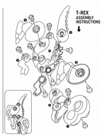 Black and white exploded line drawing showing parts of a T-rex assembly with labeled screws and the text 'T-REX ASSEMBLY INSTRUCTIONS' plus a small inset reference diagram.