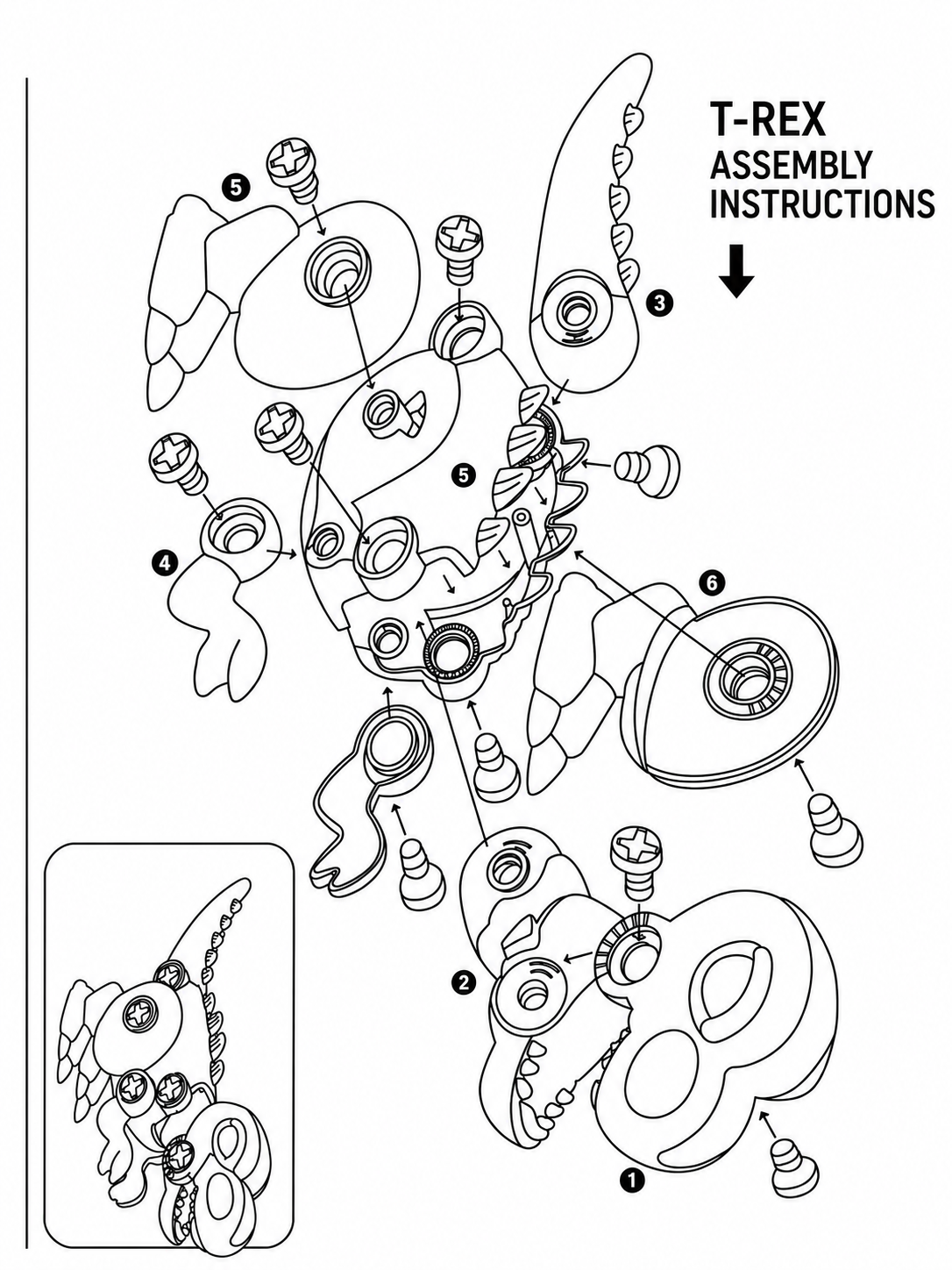 Black and white exploded line drawing showing parts of a T-rex assembly with labeled screws and the text 'T-REX ASSEMBLY INSTRUCTIONS' plus a small inset reference diagram.