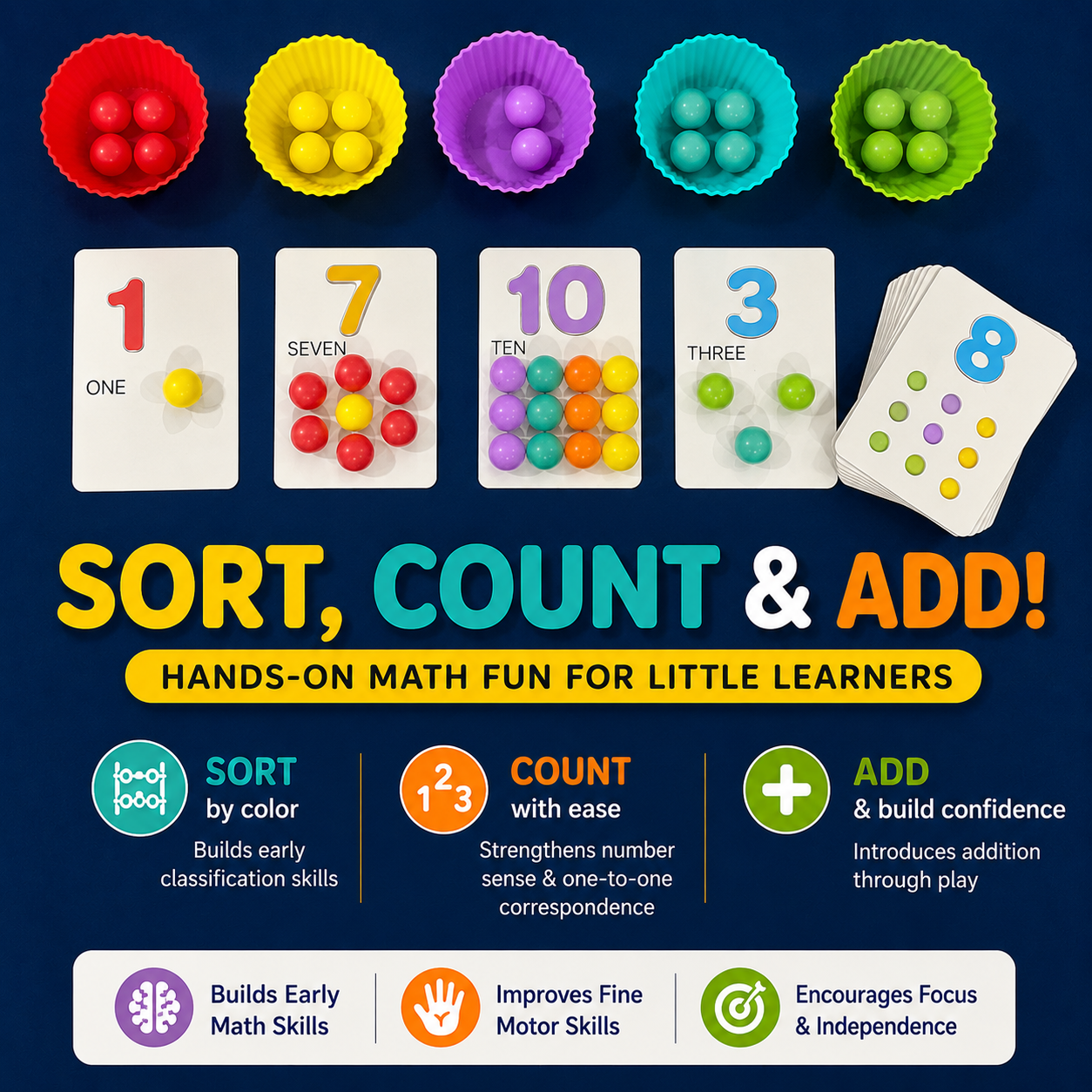 Math learning game set for kids featuring colorful sorting cups, counting cards, a deck of cards, and a game board on a dark blue background with text reading 'SORT, COUNT & ADD! HANDS-ON MATH FUN FOR LITTLE LEARNERS'.