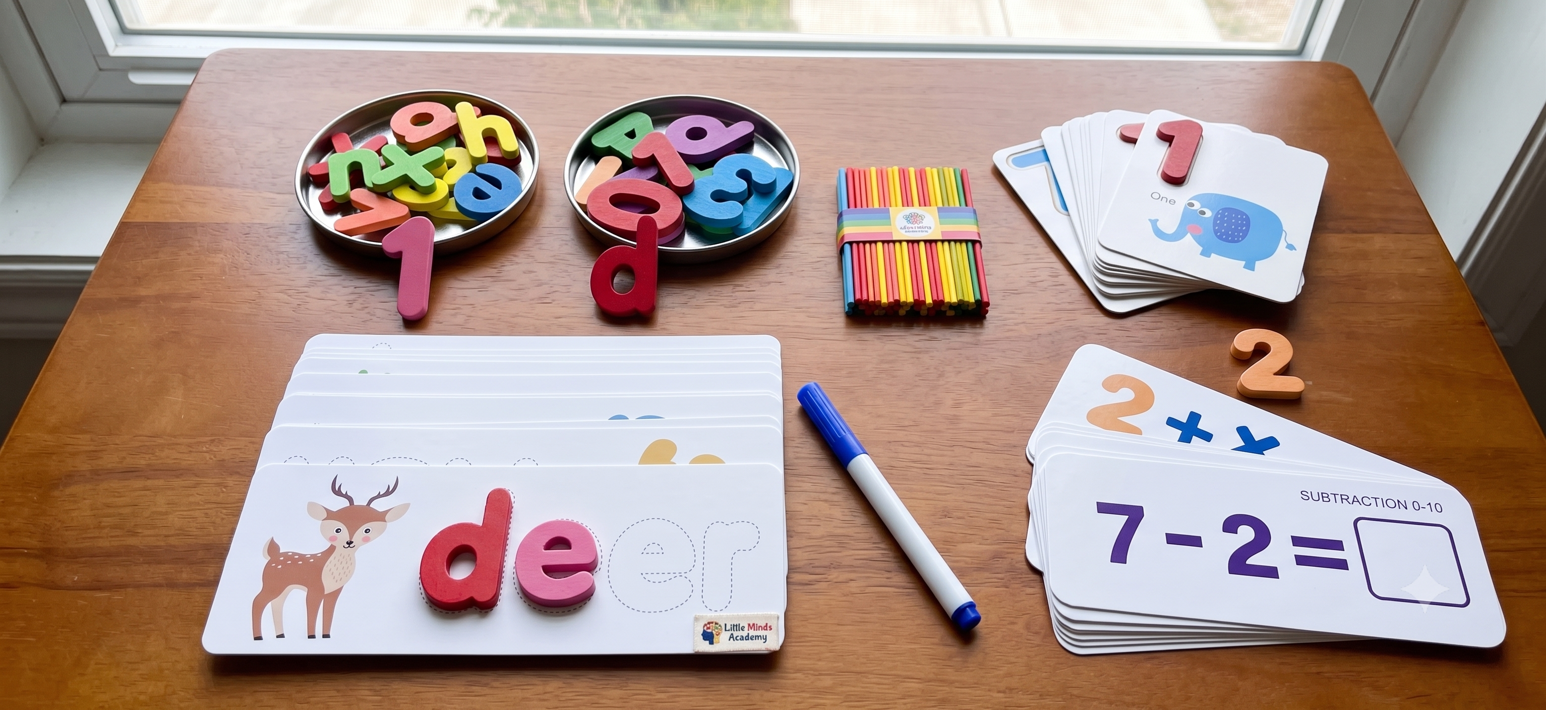 A children's math and letter learning set arranged on a wooden table near a window. The set includes colorful alphabet and number cards, round metal trays of letter tiles, a stack of colored pencils, a white marker, and white flashcards with illustrations and equations.