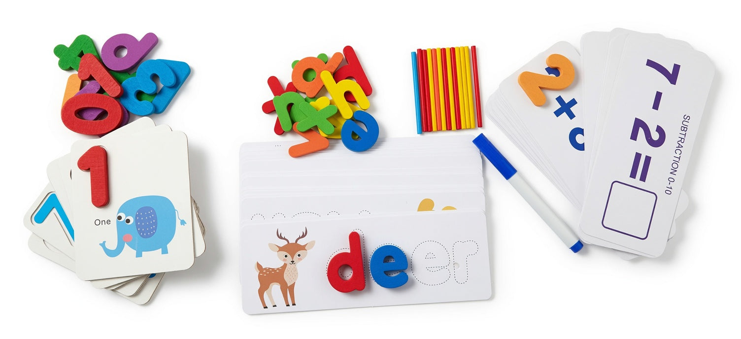A colorful children's learning toy set arranged on a white background, including number and letter tiles, addition cards, a white marker, and word cards with animal illustrations.