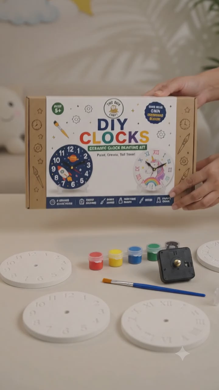 Create, paint, and build your very own working clock! The DIY Clock – Ceramic Clock Painting Kit lets children transform plain ceramic clock faces into colourful timepieces they'll be proud to display. Once painted, simply attach the included clock mechanism, hands, and stand to create a real, functioning clock for a bedroom, study table, or playroom.

Inside the box are is everything needed for hours of creative fun. Perfect for encouraging creativity, patience, fine motor skills, and confidence